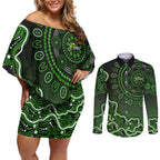 Sydney Thunder Cricket Mascot Couples Matching Off Shoulder Short Dress and Long Sleeve Button Shirt Aboriginal Dot Art Green And Black Tribal Pattern