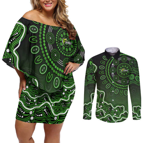 Sydney Thunder Cricket Mascot Couples Matching Off Shoulder Short Dress and Long Sleeve Button Shirt Aboriginal Dot Art Green And Black Tribal Pattern