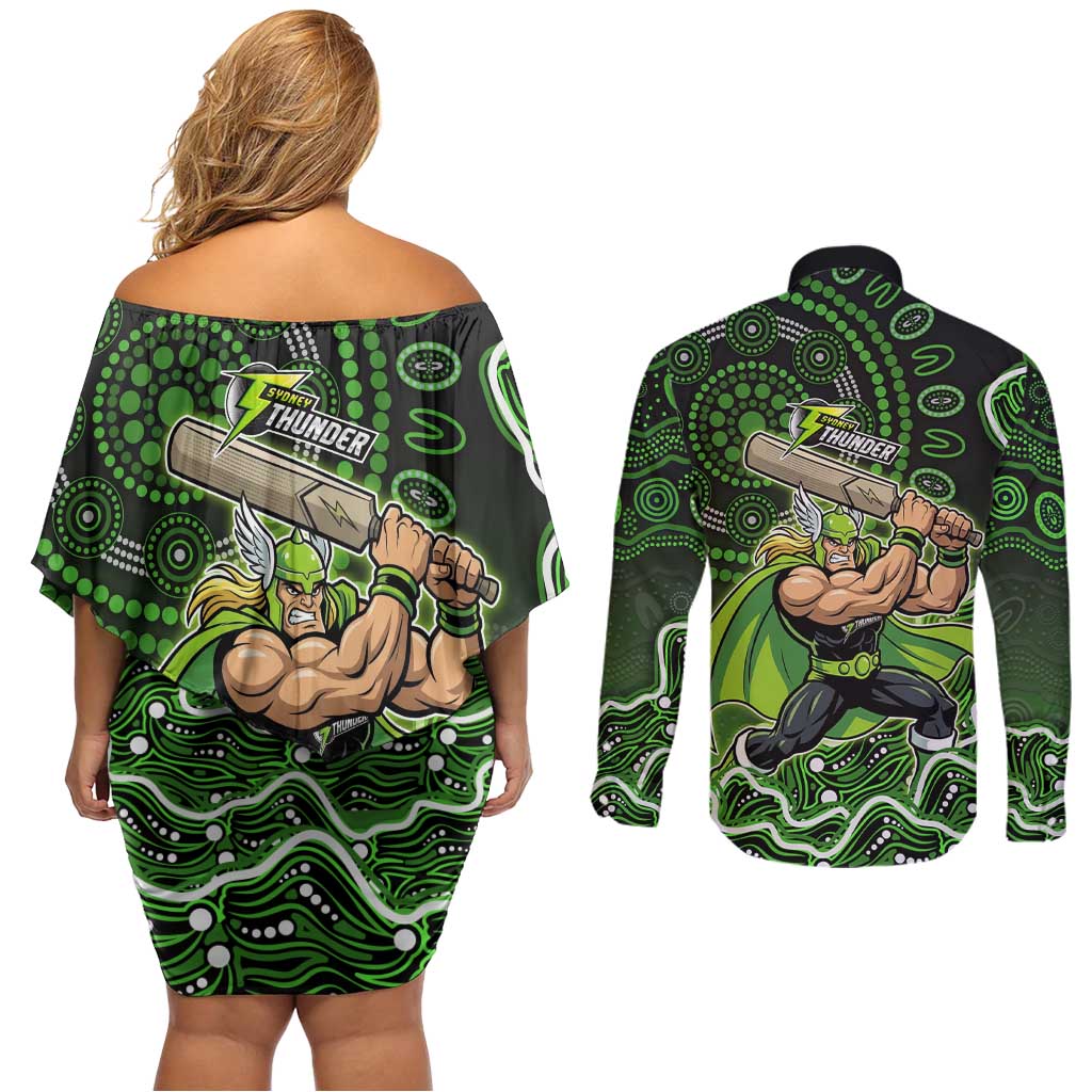 Sydney Thunder Cricket Mascot Couples Matching Off Shoulder Short Dress and Long Sleeve Button Shirt Aboriginal Dot Art Green And Black Tribal Pattern