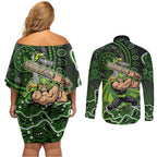 Sydney Thunder Cricket Mascot Couples Matching Off Shoulder Short Dress and Long Sleeve Button Shirt Aboriginal Dot Art Green And Black Tribal Pattern