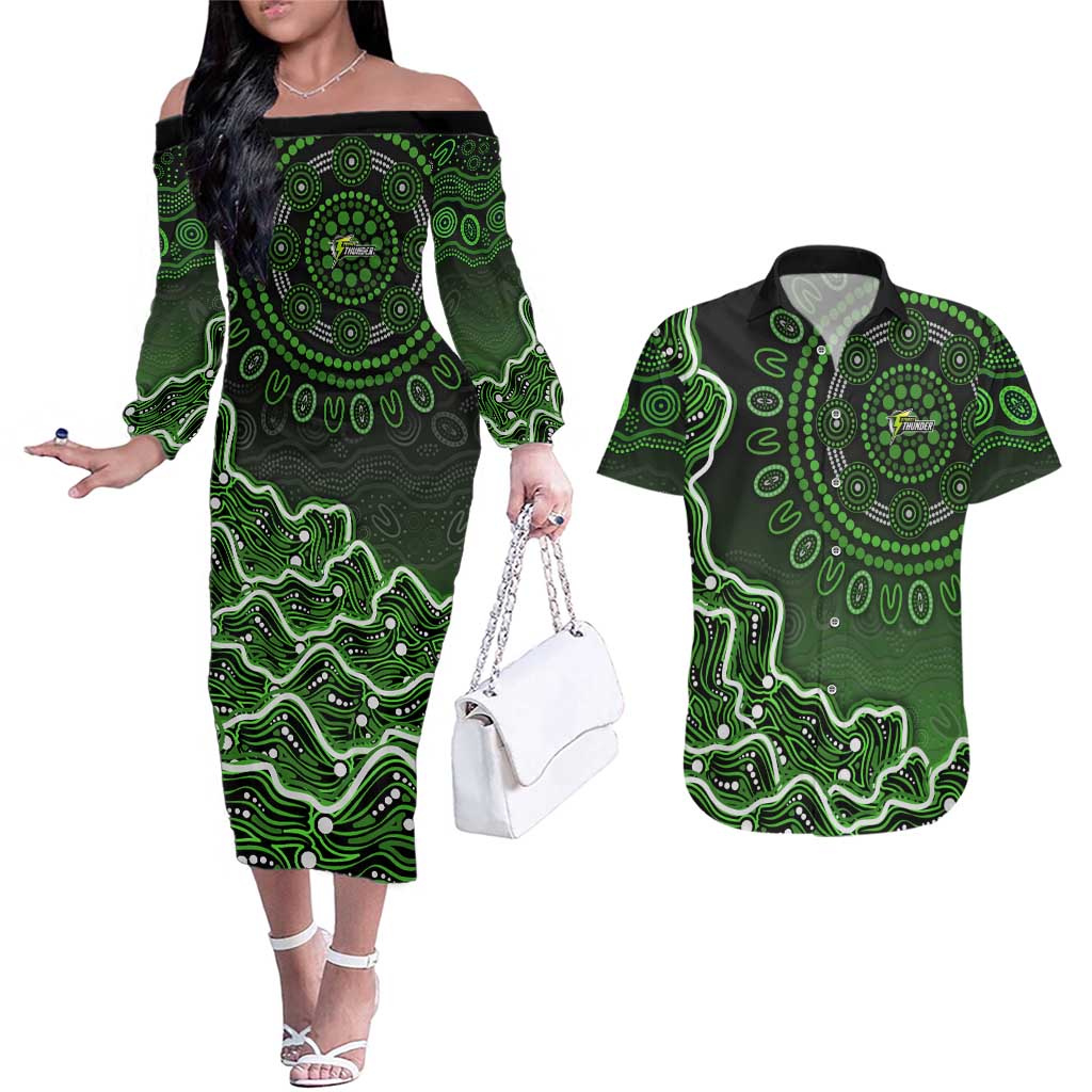 Sydney Thunder Cricket Mascot Couples Matching Off The Shoulder Long Sleeve Dress and Hawaiian Shirt Aboriginal Dot Art Green And Black Tribal Pattern
