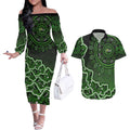 Sydney Thunder Cricket Mascot Couples Matching Off The Shoulder Long Sleeve Dress and Hawaiian Shirt Aboriginal Dot Art Green And Black Tribal Pattern