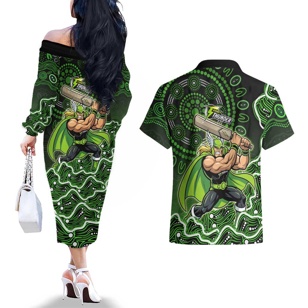 Sydney Thunder Cricket Mascot Couples Matching Off The Shoulder Long Sleeve Dress and Hawaiian Shirt Aboriginal Dot Art Green And Black Tribal Pattern