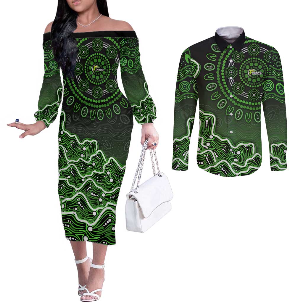 Sydney Thunder Cricket Mascot Couples Matching Off The Shoulder Long Sleeve Dress and Long Sleeve Button Shirt Aboriginal Dot Art Green And Black Tribal Pattern