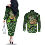 Sydney Thunder Cricket Mascot Couples Matching Off The Shoulder Long Sleeve Dress and Long Sleeve Button Shirt Aboriginal Dot Art Green And Black Tribal Pattern