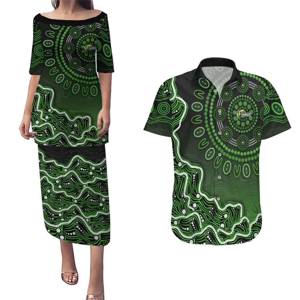 Sydney Thunder Cricket Mascot Couples Matching Puletasi and Hawaiian Shirt Aboriginal Dot Art Green And Black Tribal Pattern