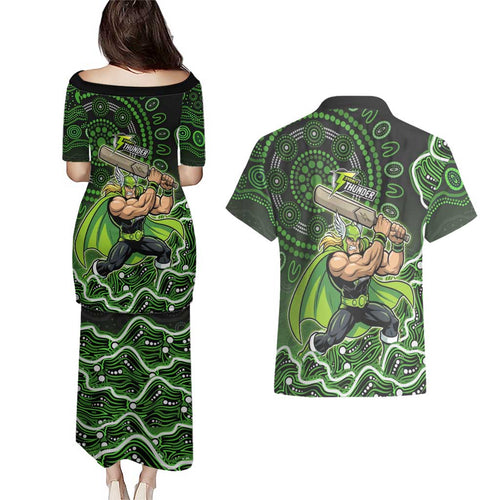 Sydney Thunder Cricket Mascot Couples Matching Puletasi and Hawaiian Shirt Aboriginal Dot Art Green And Black Tribal Pattern