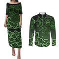 Sydney Thunder Cricket Mascot Couples Matching Puletasi and Long Sleeve Button Shirt Aboriginal Dot Art Green And Black Tribal Pattern