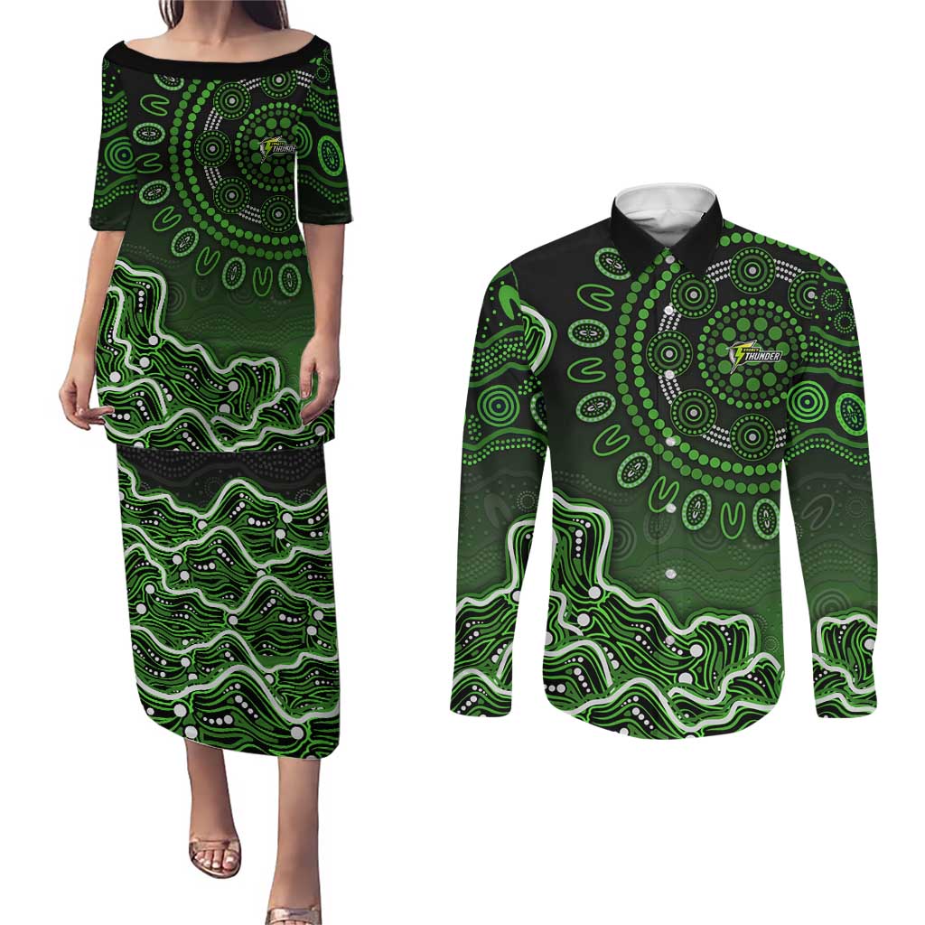 Sydney Thunder Cricket Mascot Couples Matching Puletasi and Long Sleeve Button Shirt Aboriginal Dot Art Green And Black Tribal Pattern