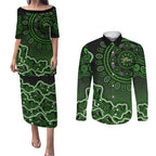 Sydney Thunder Cricket Mascot Couples Matching Puletasi and Long Sleeve Button Shirt Aboriginal Dot Art Green And Black Tribal Pattern