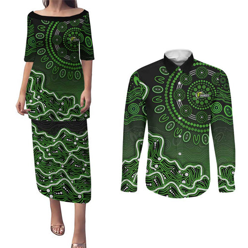 Sydney Thunder Cricket Mascot Couples Matching Puletasi and Long Sleeve Button Shirt Aboriginal Dot Art Green And Black Tribal Pattern