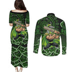 Sydney Thunder Cricket Mascot Couples Matching Puletasi and Long Sleeve Button Shirt Aboriginal Dot Art Green And Black Tribal Pattern