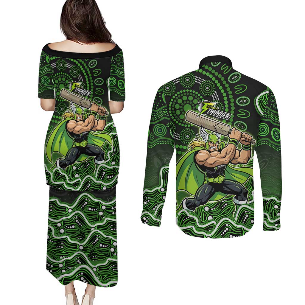 Sydney Thunder Cricket Mascot Couples Matching Puletasi and Long Sleeve Button Shirt Aboriginal Dot Art Green And Black Tribal Pattern