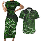 Sydney Thunder Cricket Mascot Couples Matching Short Sleeve Bodycon Dress and Hawaiian Shirt Aboriginal Dot Art Green And Black Tribal Pattern