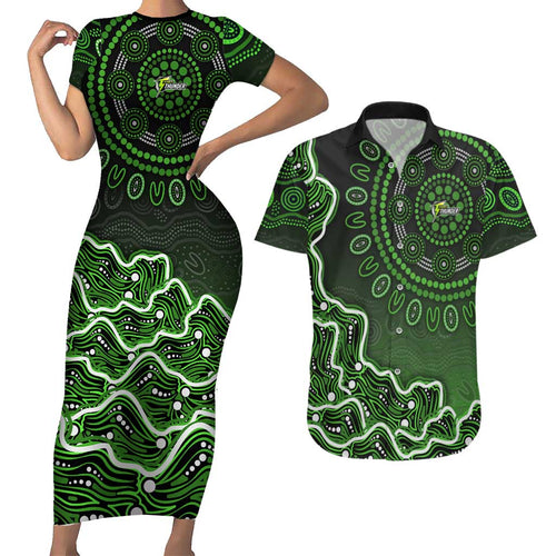 Sydney Thunder Cricket Mascot Couples Matching Short Sleeve Bodycon Dress and Hawaiian Shirt Aboriginal Dot Art Green And Black Tribal Pattern