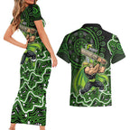 Sydney Thunder Cricket Mascot Couples Matching Short Sleeve Bodycon Dress and Hawaiian Shirt Aboriginal Dot Art Green And Black Tribal Pattern