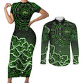 Sydney Thunder Cricket Mascot Couples Matching Short Sleeve Bodycon Dress and Long Sleeve Button Shirt Aboriginal Dot Art Green And Black Tribal Pattern