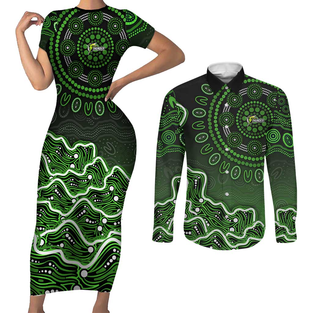 Sydney Thunder Cricket Mascot Couples Matching Short Sleeve Bodycon Dress and Long Sleeve Button Shirt Aboriginal Dot Art Green And Black Tribal Pattern
