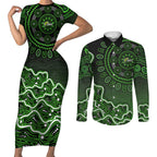Sydney Thunder Cricket Mascot Couples Matching Short Sleeve Bodycon Dress and Long Sleeve Button Shirt Aboriginal Dot Art Green And Black Tribal Pattern