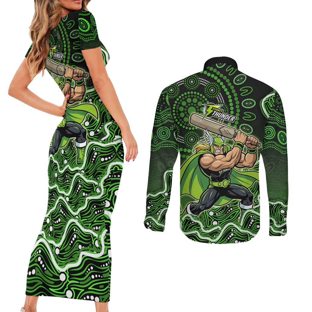 Sydney Thunder Cricket Mascot Couples Matching Short Sleeve Bodycon Dress and Long Sleeve Button Shirt Aboriginal Dot Art Green And Black Tribal Pattern