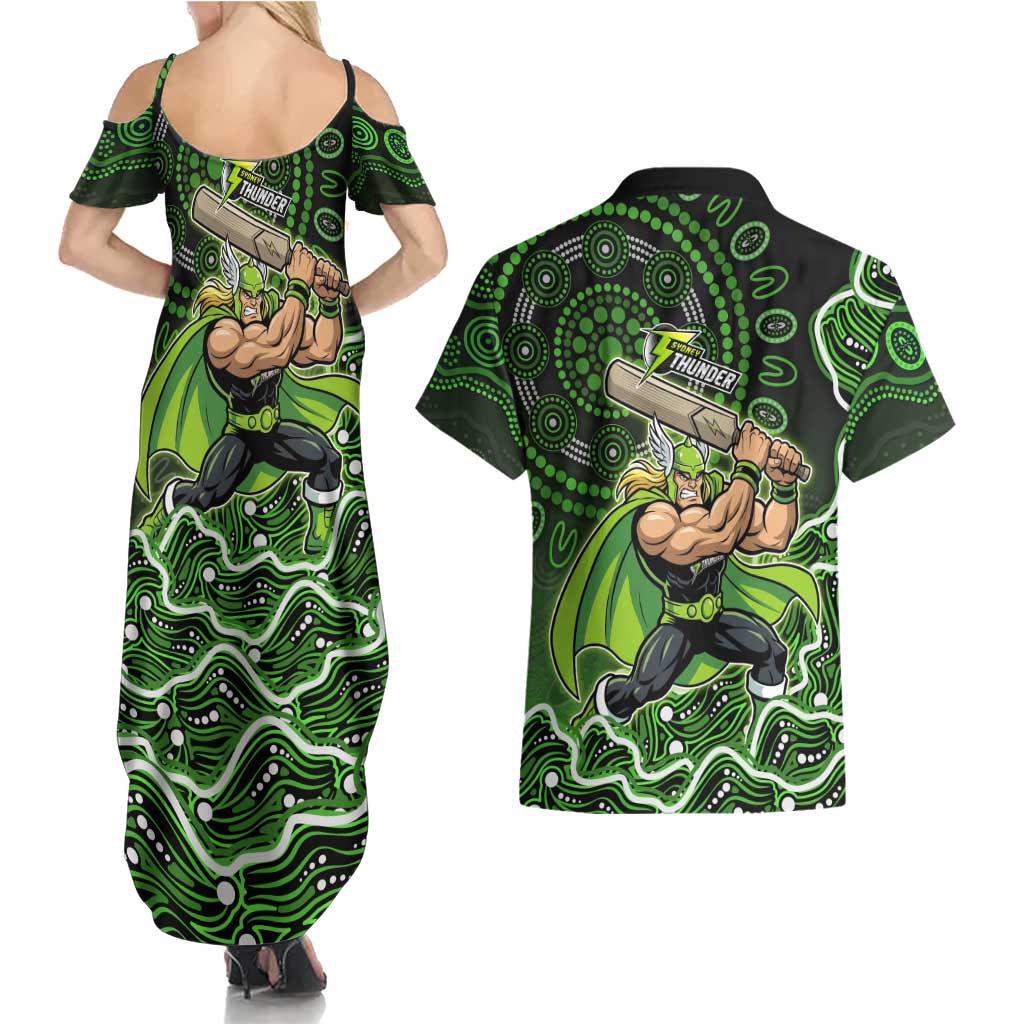 Sydney Thunder Cricket Mascot Couples Matching Summer Maxi Dress and Hawaiian Shirt Aboriginal Dot Art Green And Black Tribal Pattern