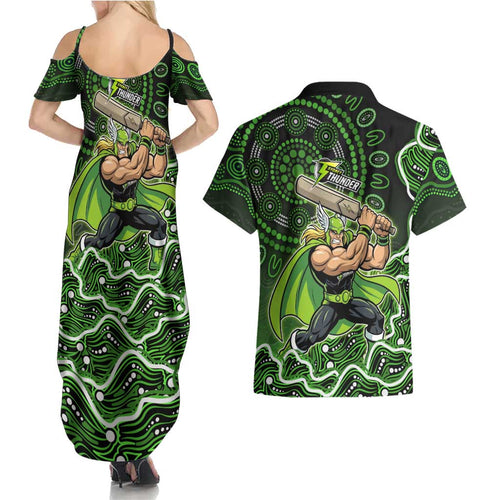Sydney Thunder Cricket Mascot Couples Matching Summer Maxi Dress and Hawaiian Shirt Aboriginal Dot Art Green And Black Tribal Pattern