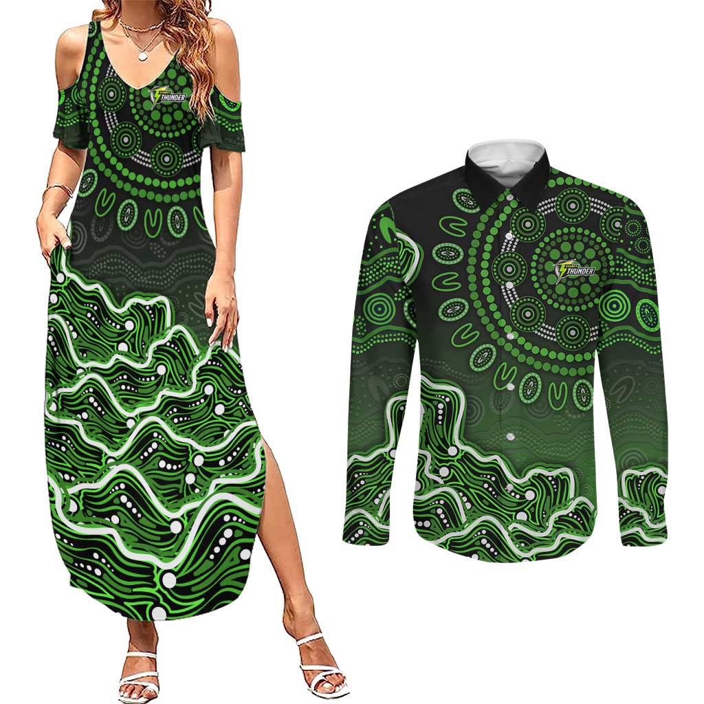Sydney Thunder Cricket Mascot Couples Matching Summer Maxi Dress and Long Sleeve Button Shirt Aboriginal Dot Art Green And Black Tribal Pattern