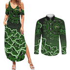 Sydney Thunder Cricket Mascot Couples Matching Summer Maxi Dress and Long Sleeve Button Shirt Aboriginal Dot Art Green And Black Tribal Pattern