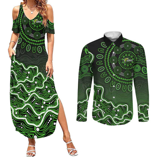 Sydney Thunder Cricket Mascot Couples Matching Summer Maxi Dress and Long Sleeve Button Shirt Aboriginal Dot Art Green And Black Tribal Pattern