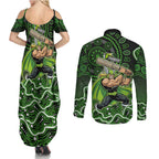 Sydney Thunder Cricket Mascot Couples Matching Summer Maxi Dress and Long Sleeve Button Shirt Aboriginal Dot Art Green And Black Tribal Pattern