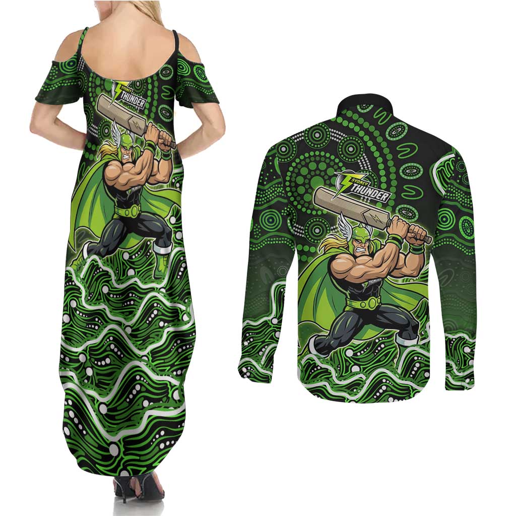 Sydney Thunder Cricket Mascot Couples Matching Summer Maxi Dress and Long Sleeve Button Shirt Aboriginal Dot Art Green And Black Tribal Pattern