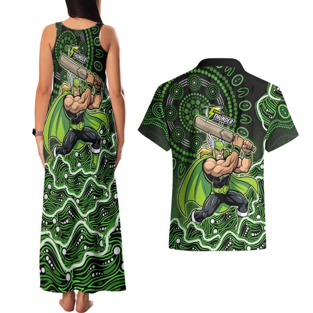 Sydney Thunder Cricket Mascot Couples Matching Tank Maxi Dress and Hawaiian Shirt Aboriginal Dot Art Green And Black Tribal Pattern