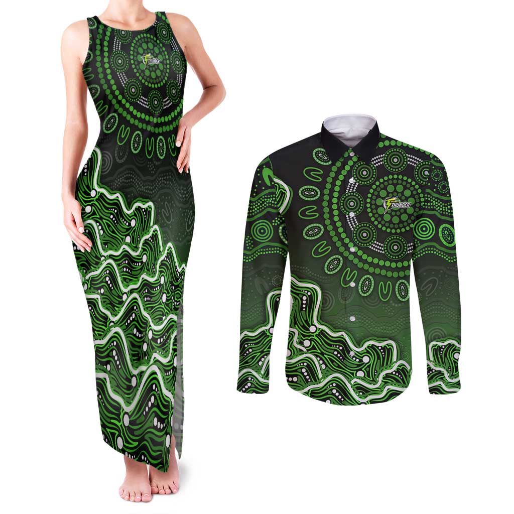 Sydney Thunder Cricket Mascot Couples Matching Tank Maxi Dress and Long Sleeve Button Shirt Aboriginal Dot Art Green And Black Tribal Pattern