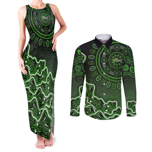 Sydney Thunder Cricket Mascot Couples Matching Tank Maxi Dress and Long Sleeve Button Shirt Aboriginal Dot Art Green And Black Tribal Pattern