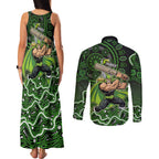 Sydney Thunder Cricket Mascot Couples Matching Tank Maxi Dress and Long Sleeve Button Shirt Aboriginal Dot Art Green And Black Tribal Pattern