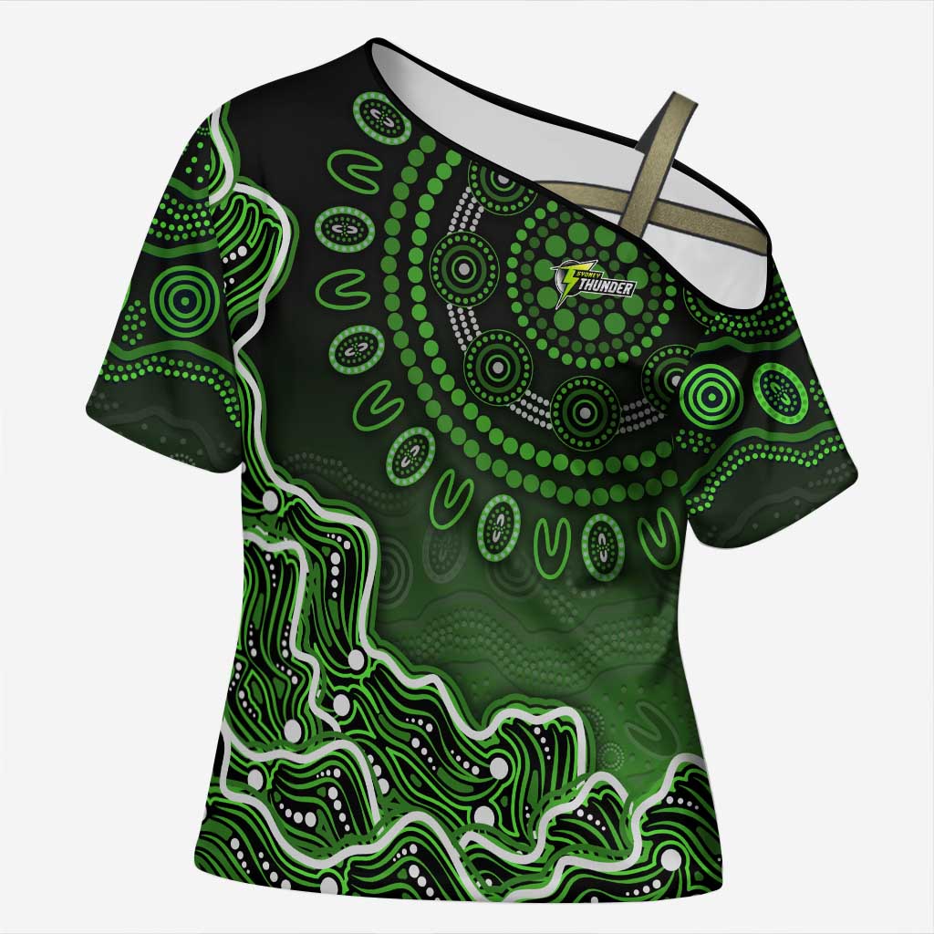 Sydney Thunder Cricket Mascot Cross Shoulder Shirt Aboriginal Dot Art Green And Black Tribal Pattern
