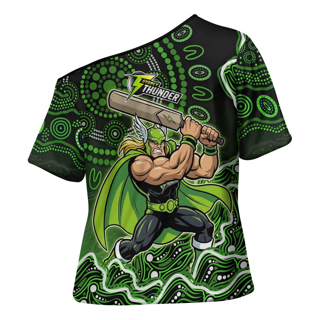 Sydney Thunder Cricket Mascot Cross Shoulder Shirt Aboriginal Dot Art Green And Black Tribal Pattern