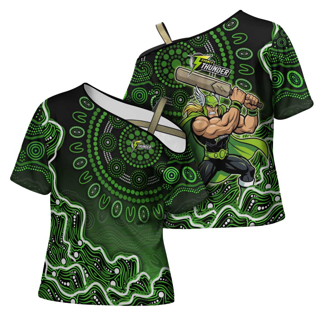 Sydney Thunder Cricket Mascot Cross Shoulder Shirt Aboriginal Dot Art Green And Black Tribal Pattern