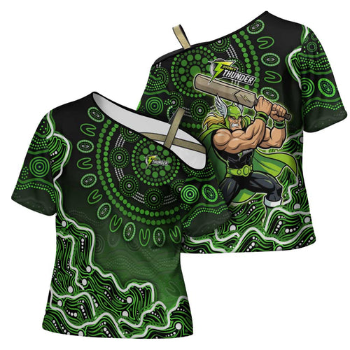 Sydney Thunder Cricket Mascot Cross Shoulder Shirt Aboriginal Dot Art Green And Black Tribal Pattern