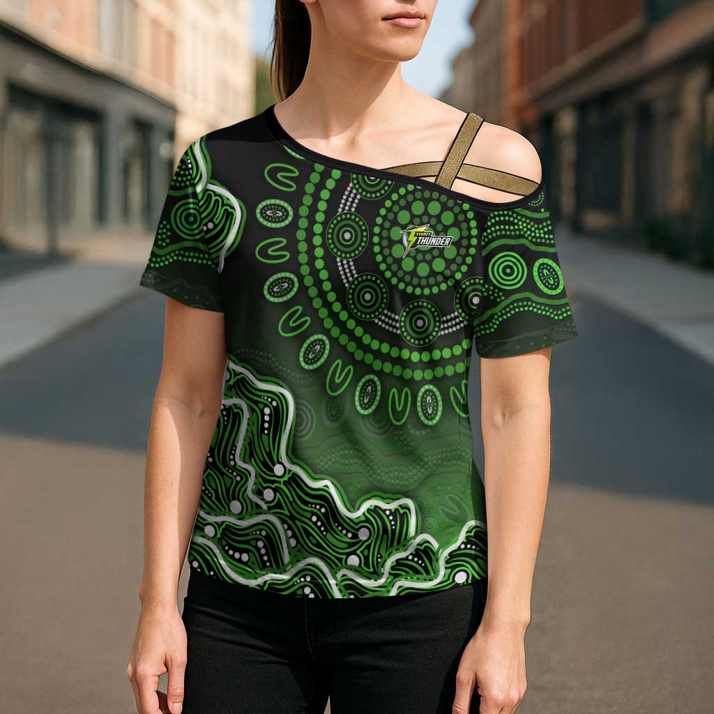 Sydney Thunder Cricket Mascot Cross Shoulder Shirt Aboriginal Dot Art Green And Black Tribal Pattern