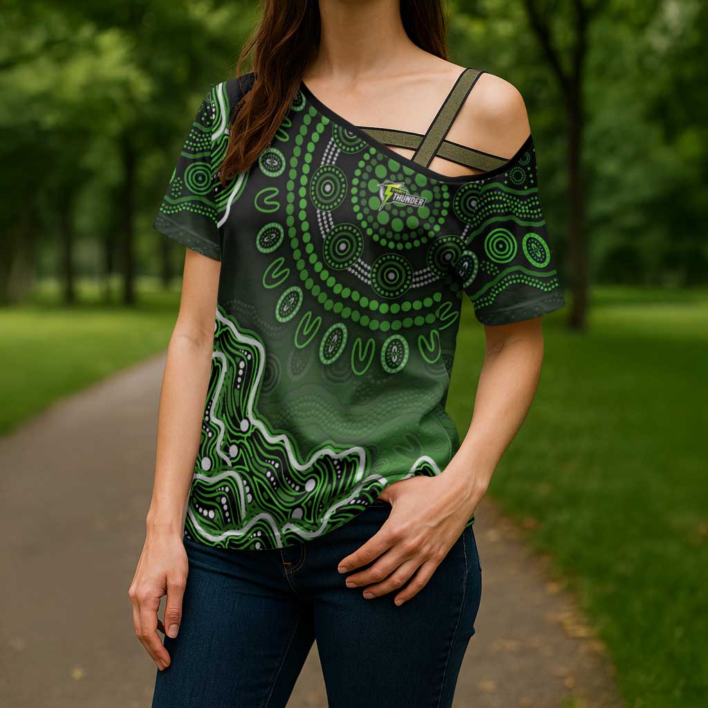 Sydney Thunder Cricket Mascot Cross Shoulder Shirt Aboriginal Dot Art Green And Black Tribal Pattern