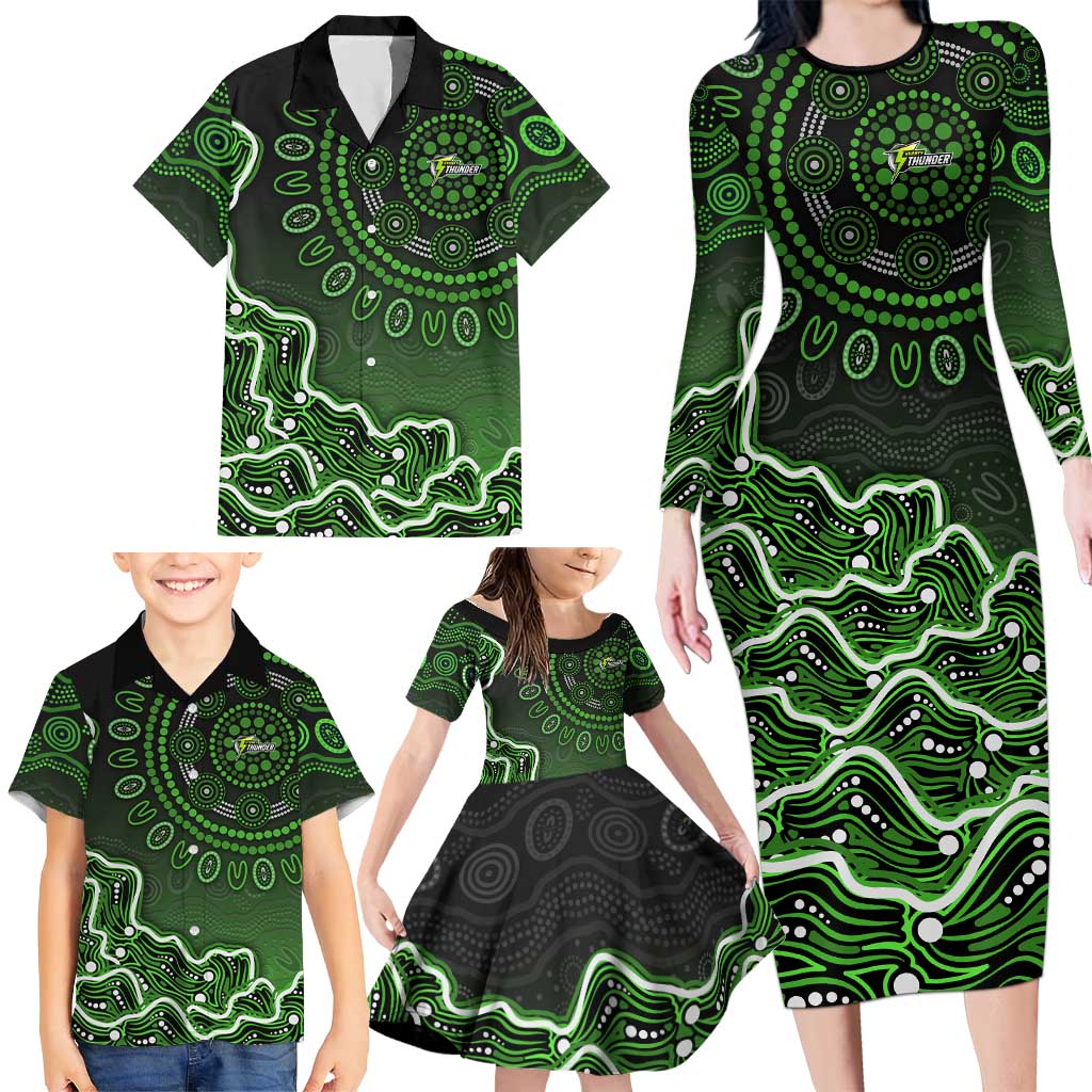 Sydney Thunder Cricket Mascot Family Matching Long Sleeve Bodycon Dress and Hawaiian Shirt Aboriginal Dot Art Green And Black Tribal Pattern