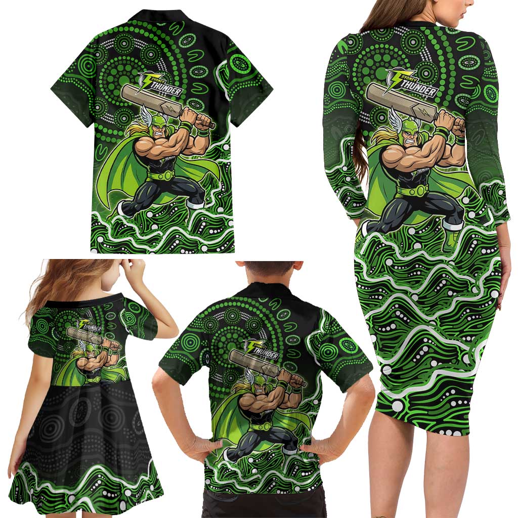 Sydney Thunder Cricket Mascot Family Matching Long Sleeve Bodycon Dress and Hawaiian Shirt Aboriginal Dot Art Green And Black Tribal Pattern