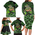 Sydney Thunder Cricket Mascot Family Matching Long Sleeve Bodycon Dress and Hawaiian Shirt Aboriginal Dot Art Green And Black Tribal Pattern