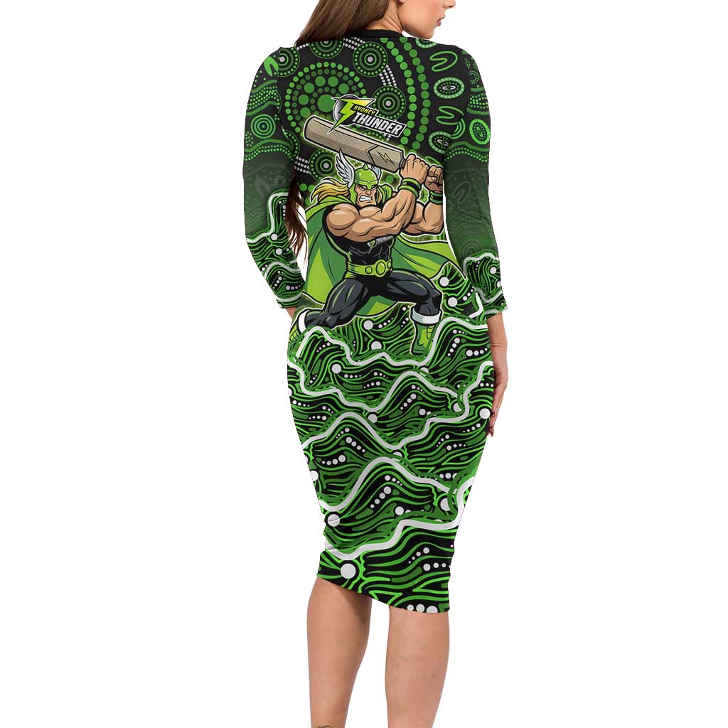 Sydney Thunder Cricket Mascot Family Matching Long Sleeve Bodycon Dress and Hawaiian Shirt Aboriginal Dot Art Green And Black Tribal Pattern