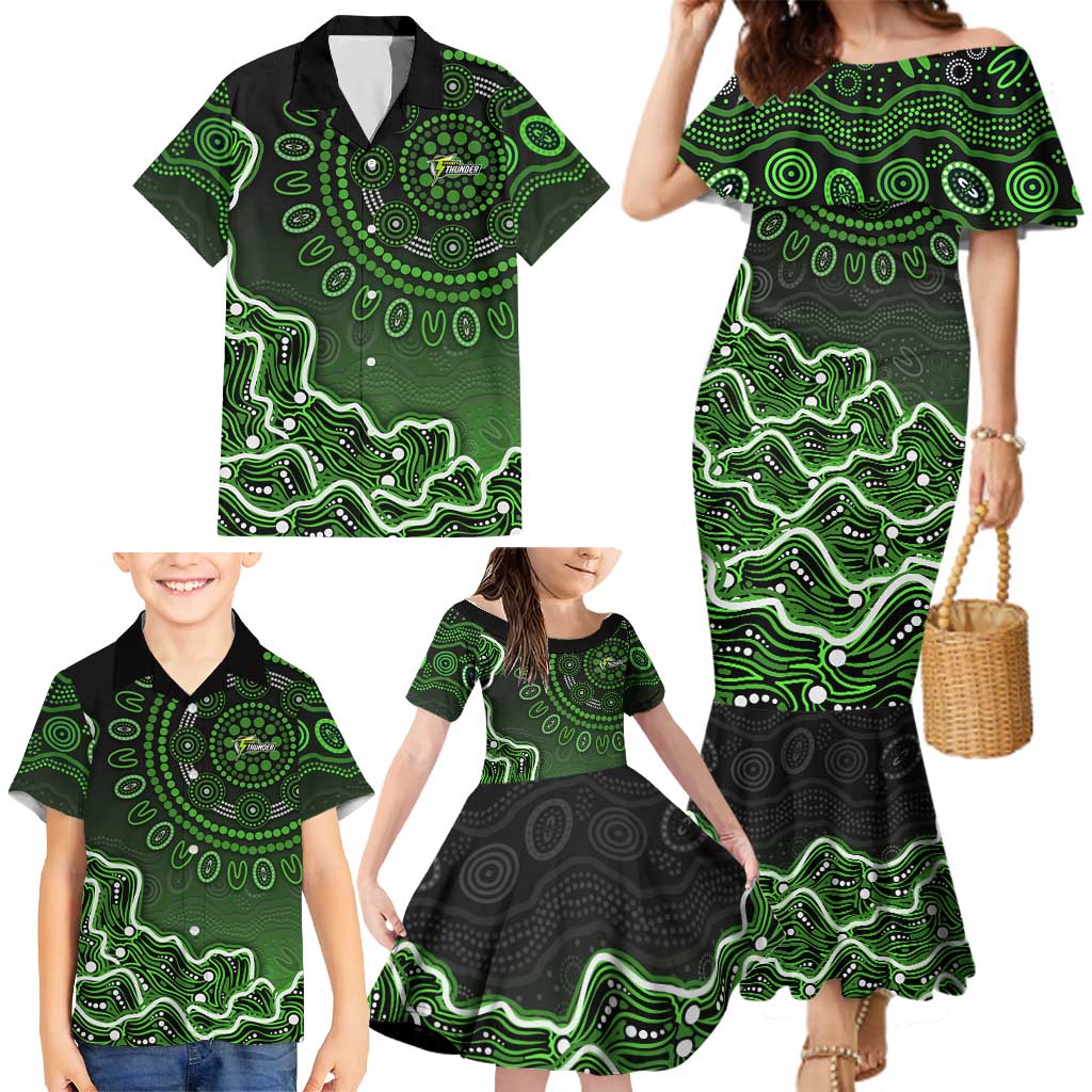 Sydney Thunder Cricket Mascot Family Matching Mermaid Dress and Hawaiian Shirt Aboriginal Dot Art Green And Black Tribal Pattern