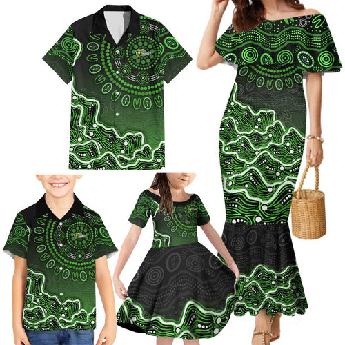 Sydney Thunder Cricket Mascot Family Matching Mermaid Dress and Hawaiian Shirt Aboriginal Dot Art Green And Black Tribal Pattern