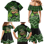 Sydney Thunder Cricket Mascot Family Matching Mermaid Dress and Hawaiian Shirt Aboriginal Dot Art Green And Black Tribal Pattern