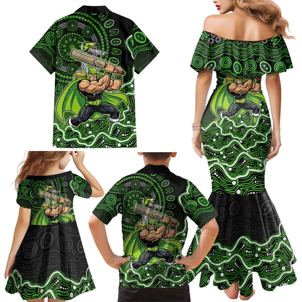 Sydney Thunder Cricket Mascot Family Matching Mermaid Dress and Hawaiian Shirt Aboriginal Dot Art Green And Black Tribal Pattern