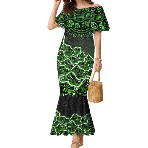 Sydney Thunder Cricket Mascot Family Matching Mermaid Dress and Hawaiian Shirt Aboriginal Dot Art Green And Black Tribal Pattern